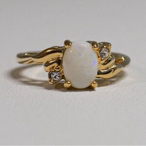 Vintage Opalite & CZ Cubic Zirconia Rhinestone Ring 14KT Gold HGE Size 6.5 Opal
